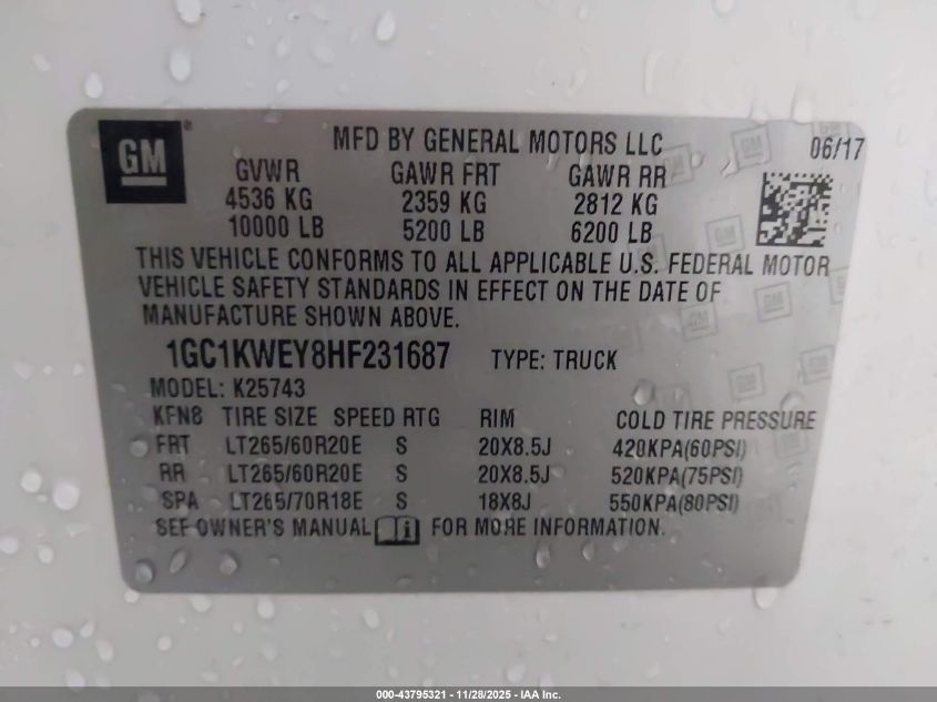 2017 Chevrolet Silverado 2500Hd Ltz VIN: 1GC1KWEY8HF231687 Lot: 43795321