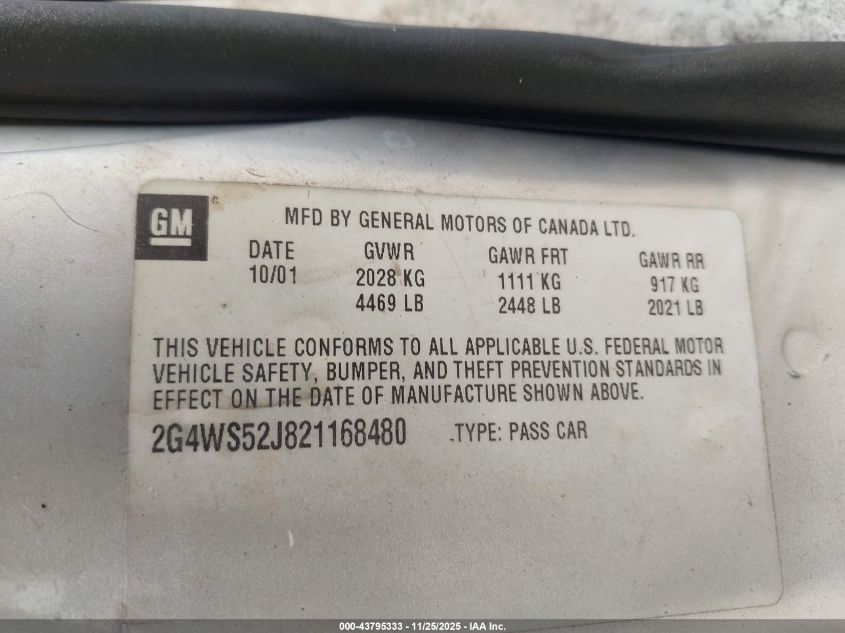 2002 Buick Century Custom VIN: 2G4WS52J821168480 Lot: 43795333