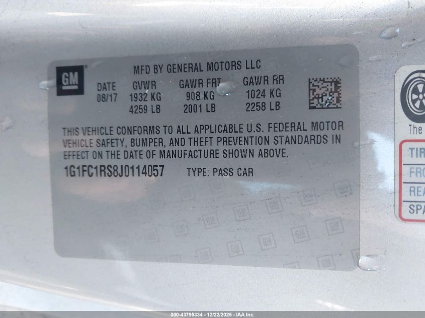 2018 Chevrolet Camaro 2Lt VIN: 1G1FC1RS8J0114057 Lot: 43795334
