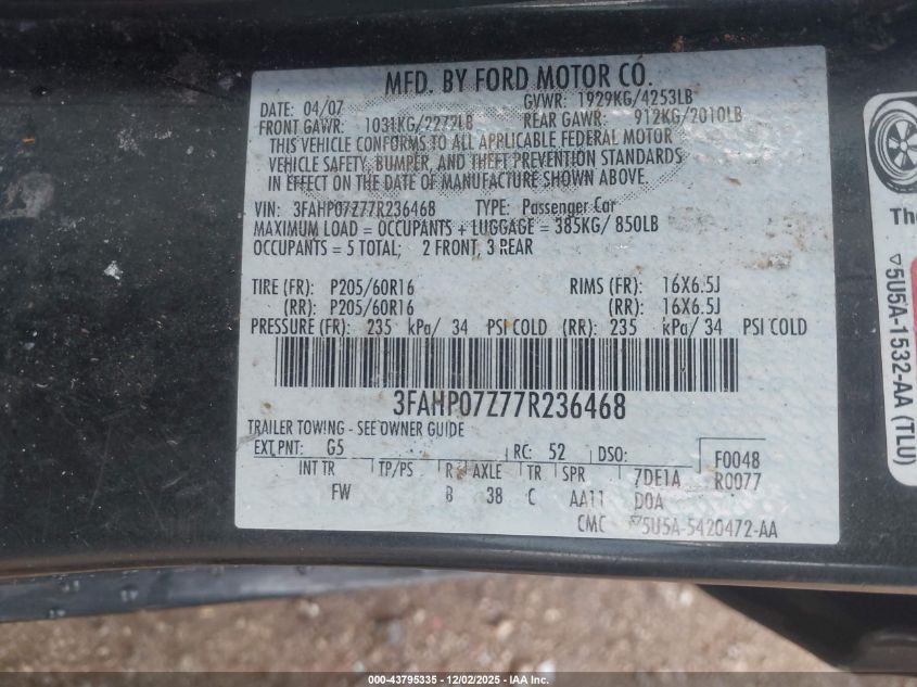 2007 Ford Fusion Se VIN: 3FAHP07Z77R236468 Lot: 43795335