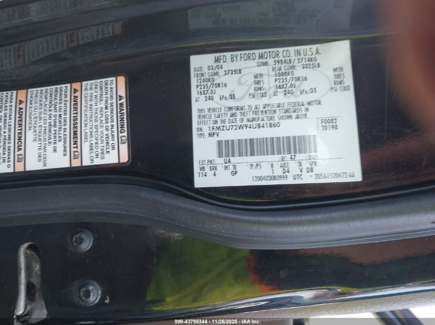 2004 Ford Explorer Nbx/Xlt VIN: 1FMZU73W94UB41860 Lot: 43795344