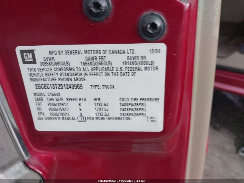 2005 Chevrolet Silverado 1500 Lt VIN: 2GCEC13T251243989 Lot: 43795349