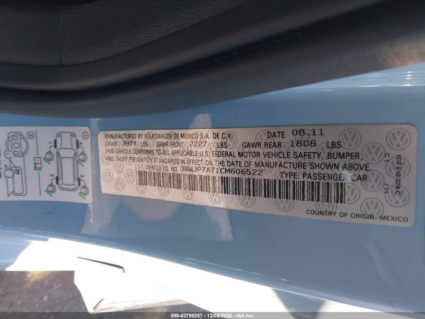 2012 Volkswagen Beetle 2.5L VIN: 3VWJP7AT1CM606522 Lot: 43795357