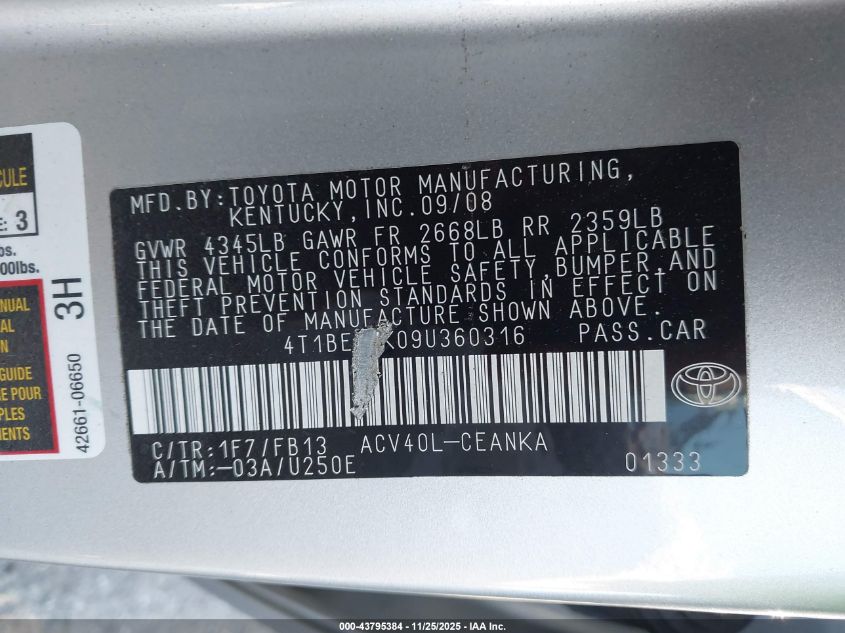 2009 Toyota Camry Le VIN: 4T1BE46K09U360316 Lot: 43795384