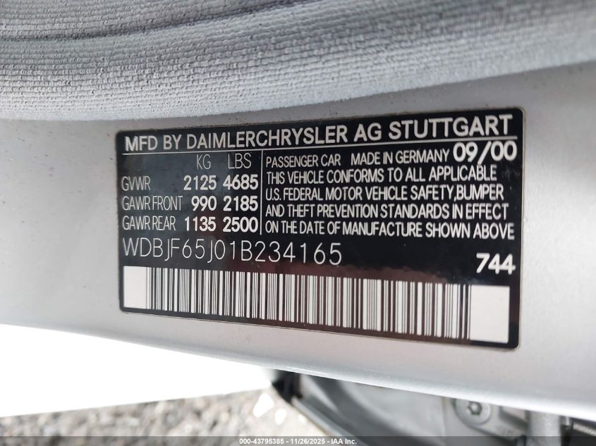 2001 Mercedes-Benz E 320 VIN: WDBJF65J01B234165 Lot: 43795385