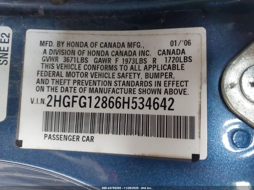 2006 Honda Civic Ex VIN: 2HGFG128668534642 Lot: 43795388