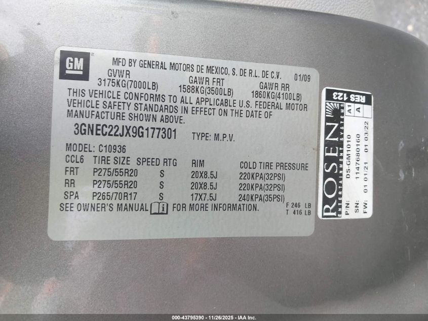 2009 Chevrolet Avalanche 1500 Lt2 VIN: 3GNEC22JX9G177301 Lot: 43795390