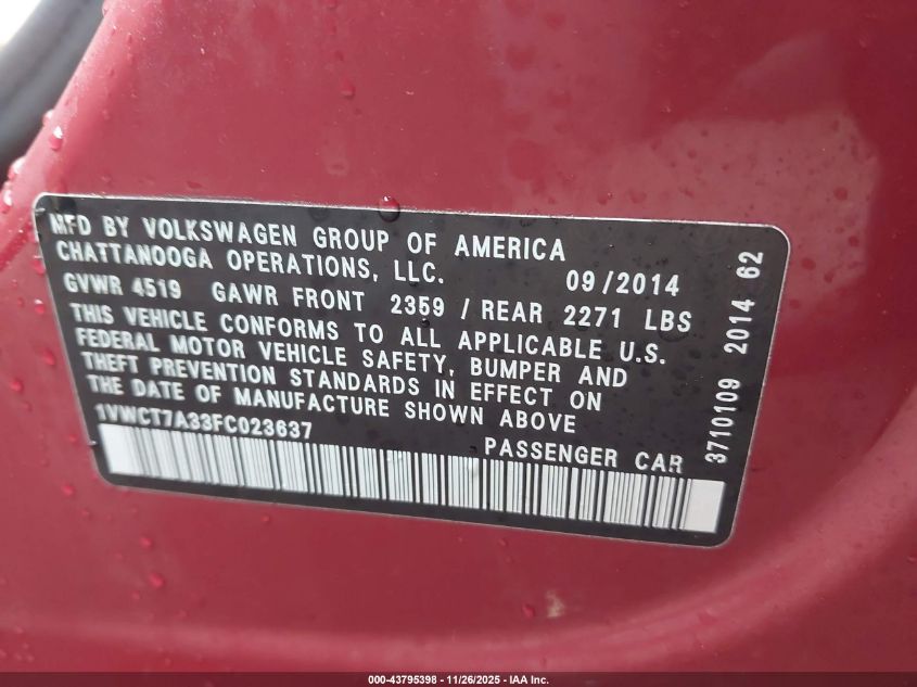 2015 Volkswagen Passat 1.8T Sel Premium VIN: 1VWCT7A33FC023637 Lot: 43795398