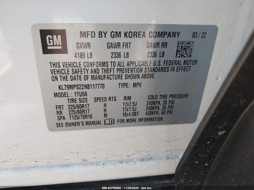 2022 Chevrolet Trailblazer Fwd Lt VIN: KL79MPS22NB117770 Lot: 43795400