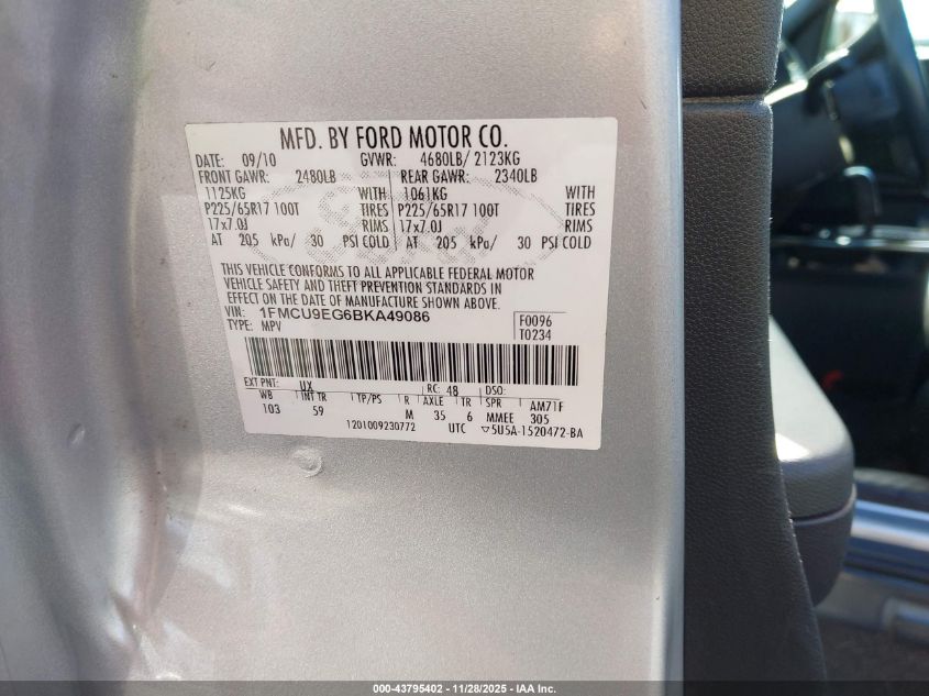 2011 Ford Escape Limited VIN: 1FMCU9EG6BKA49086 Lot: 43795402