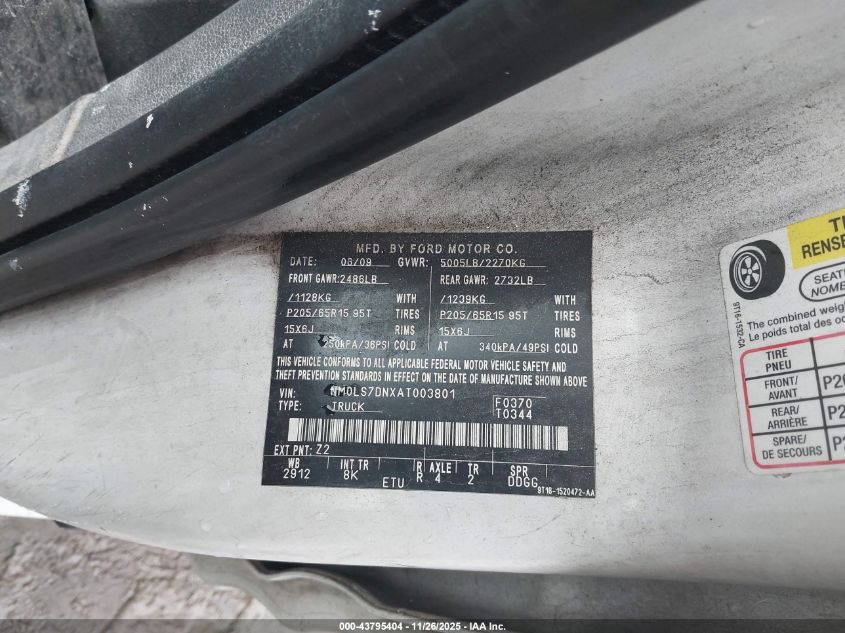 2010 Ford Transit Connect Xlt VIN: NM0LS7DNXAT003801 Lot: 43795404