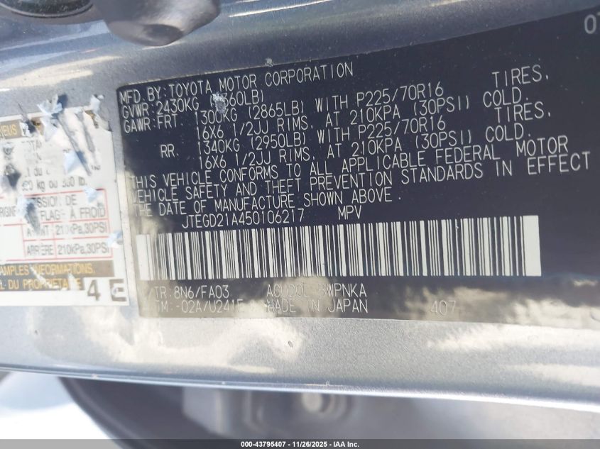 2005 Toyota Highlander VIN: JTEGD21A450106217 Lot: 43795407