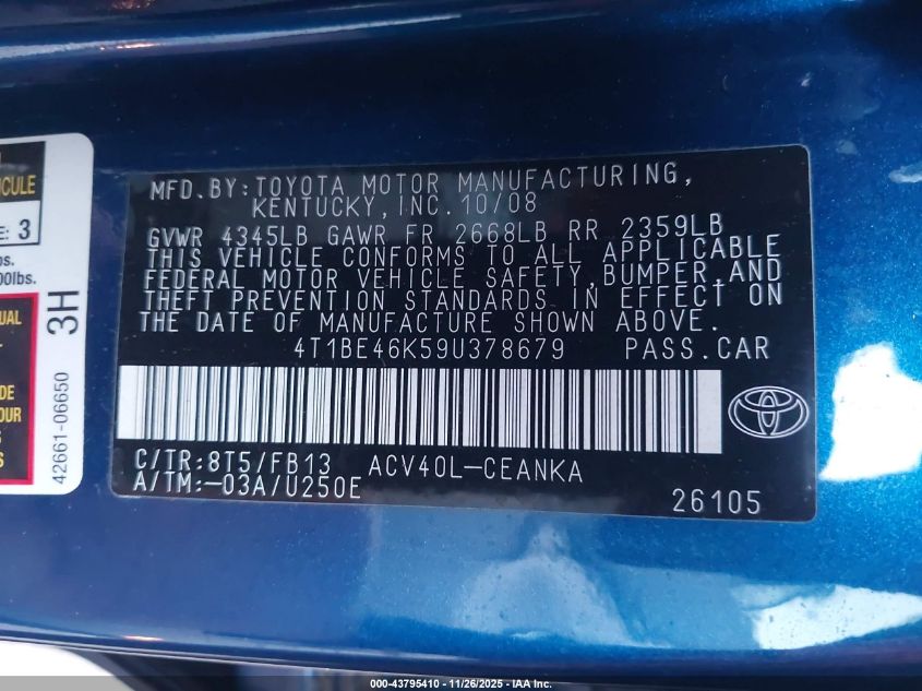 2009 Toyota Camry Le VIN: 4T1BE46K59U378679 Lot: 43795410