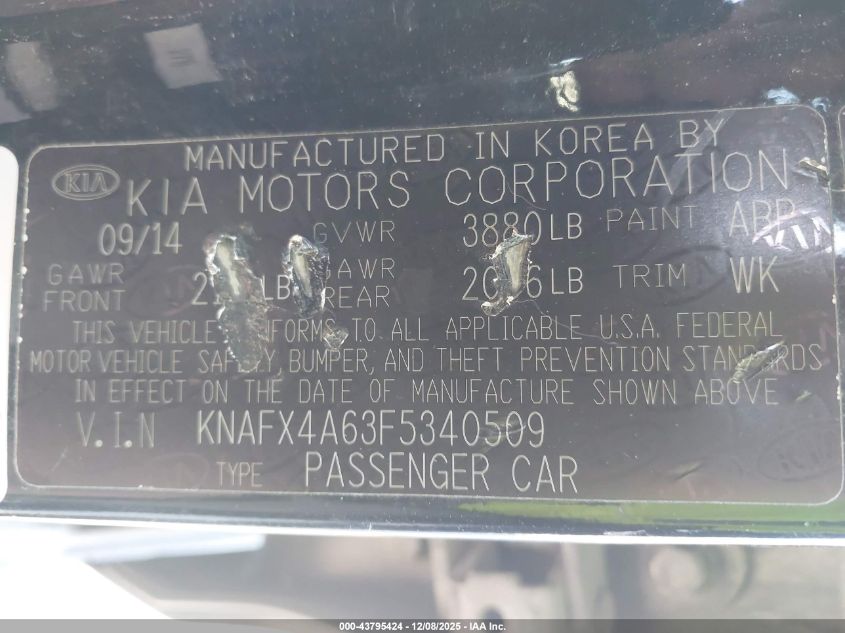2015 Kia Forte Lx VIN: KNAFX4A63F5340509 Lot: 43795424
