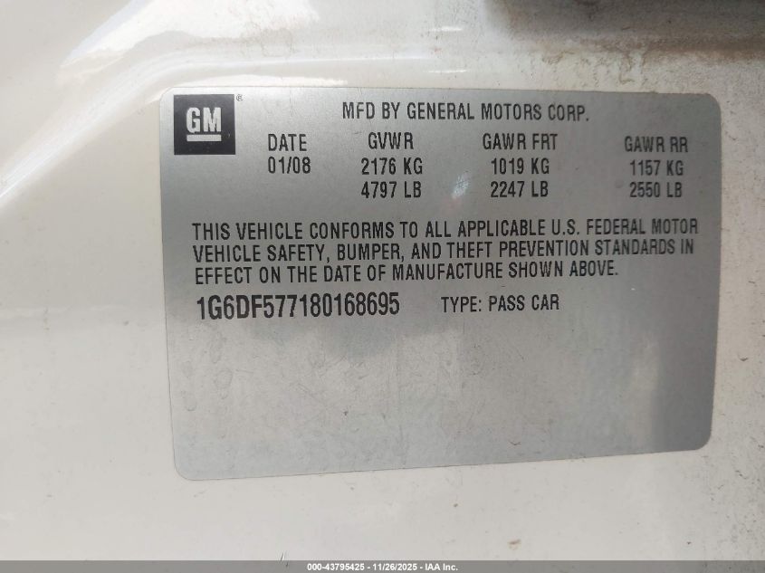 2008 Cadillac Cts Standard VIN: 1G6DF577180168695 Lot: 43795425