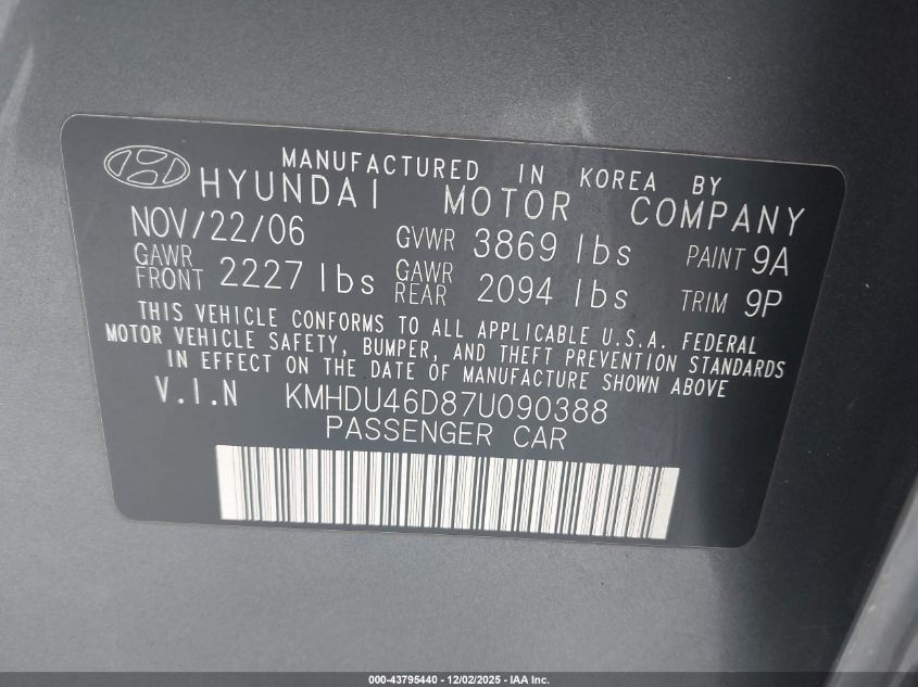 2007 Hyundai Elantra Gls/Limited/Se VIN: KMHDU46D87U090388 Lot: 43795440