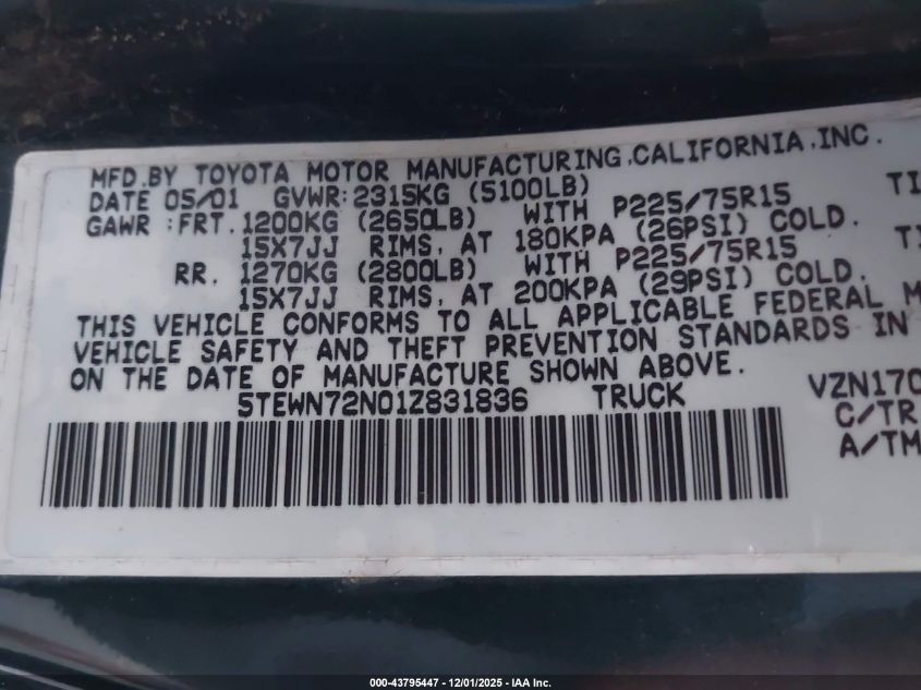 2001 Toyota Tacoma Base V6 VIN: 5TEWN72N01Z831836 Lot: 43795447