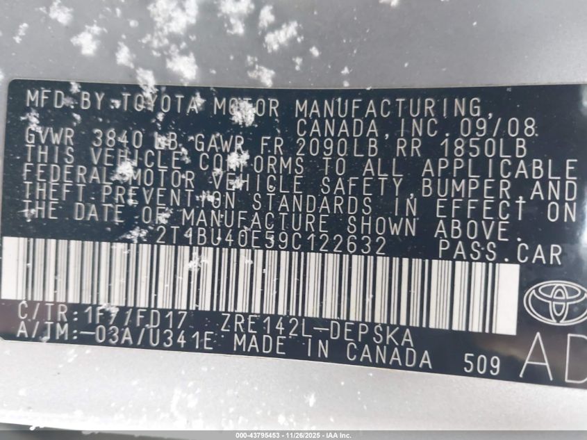 2009 Toyota Corolla S VIN: 2T1BU40E59C122632 Lot: 43795453