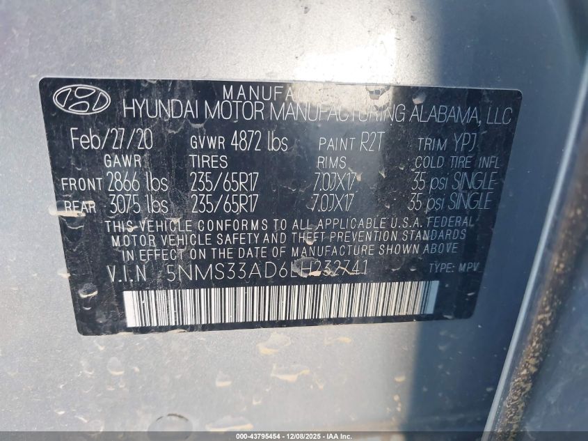 2020 Hyundai Santa Fe Sel VIN: 5NMS33AD6LH232741 Lot: 43795454