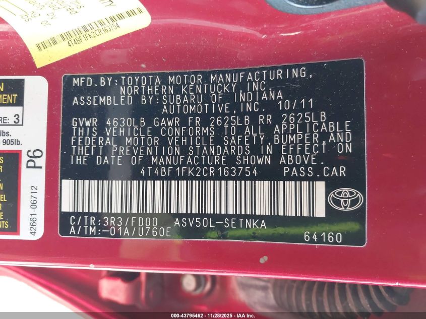 2012 Toyota Camry Le VIN: 4T4BF1FK2CR163754 Lot: 43795462