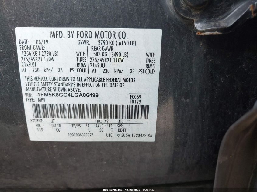 2020 Ford Explorer St VIN: 1FM5K8GC4LGA06499 Lot: 43795463