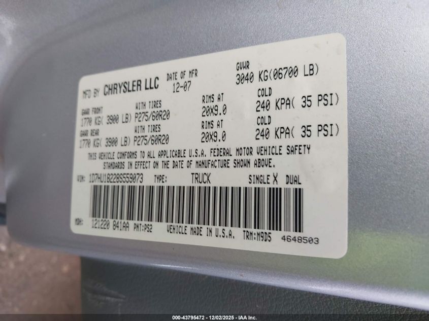 2008 Dodge Ram 1500 Slt VIN: 1D7HU18228S559073 Lot: 43795472