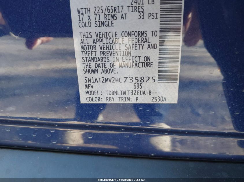 2017 Nissan Rogue Sv VIN: 5N1AT2MV2HC735825 Lot: 43795479