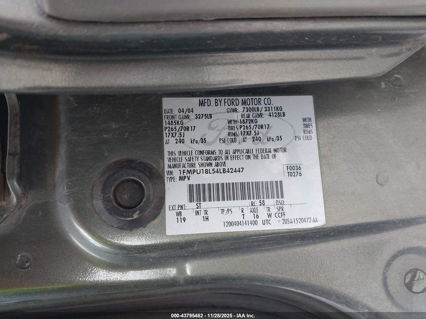 2004 Ford Expedition Eddie Bauer VIN: 1FMPU18L54LB42447 Lot: 43795482