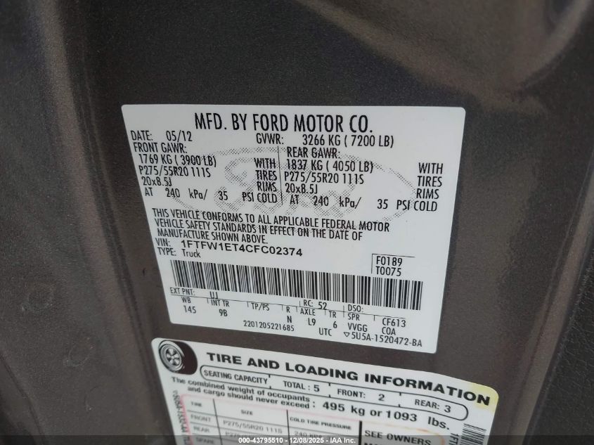 2012 Ford F-150 Platinum VIN: 1FTFW1ET4CFC02374 Lot: 43795510