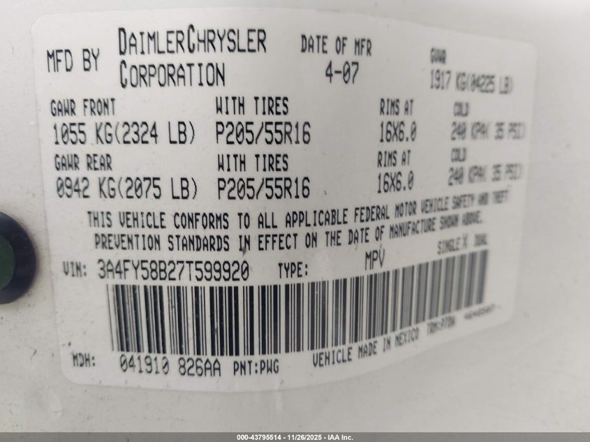 2007 Chrysler Pt Cruiser Touring VIN: 3A4FY58B27T599920 Lot: 43795514