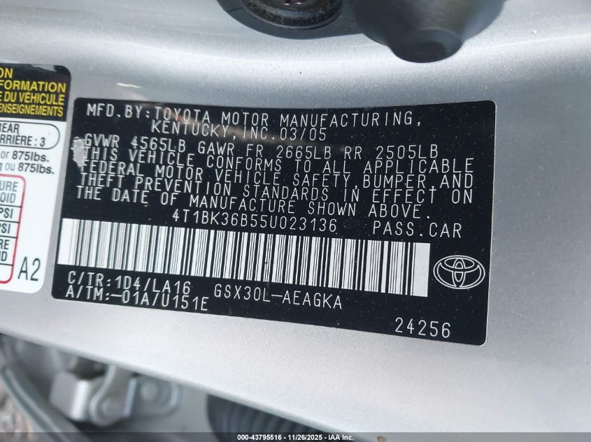 2005 Toyota Avalon Xls VIN: 4T1BK36B55U023136 Lot: 43795516