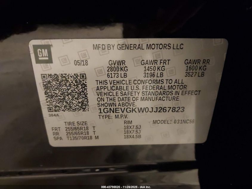 2018 Chevrolet Traverse 1Lt VIN: 1GNEVGKW0JJ267823 Lot: 43795520