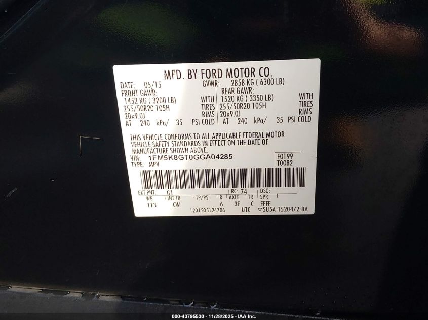 2016 Ford Explorer Sport VIN: 1FM5K8GT0GGA04285 Lot: 43795530