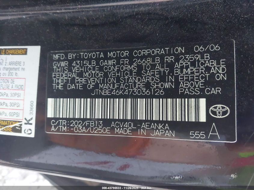 2007 Toyota Camry Le VIN: JTNBE46K473036126 Lot: 43795533