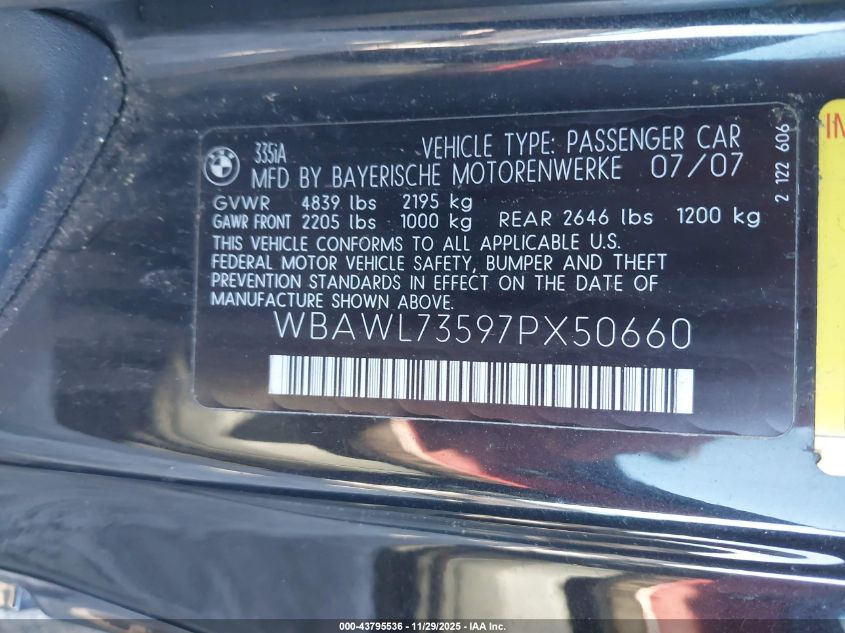 2007 BMW 335I VIN: WBAWL73597PX50660 Lot: 43795536