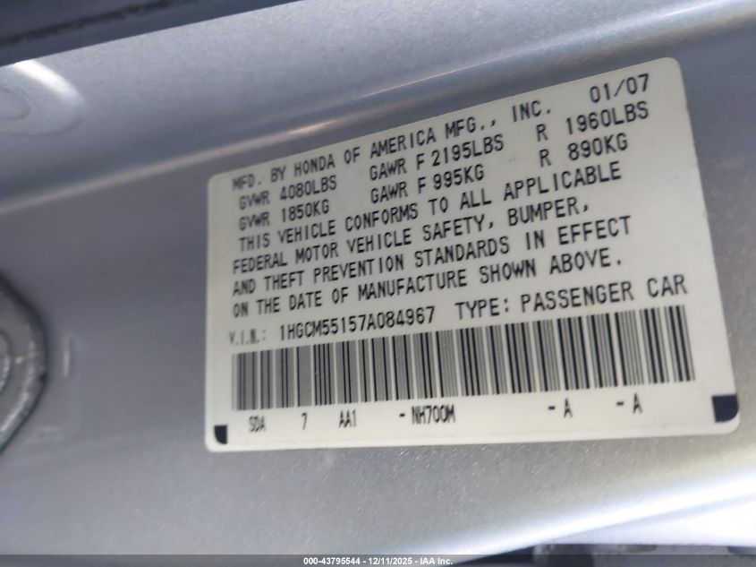 2007 Honda Accord 2.4 Vp VIN: 1HGCM55157A084967 Lot: 43795544