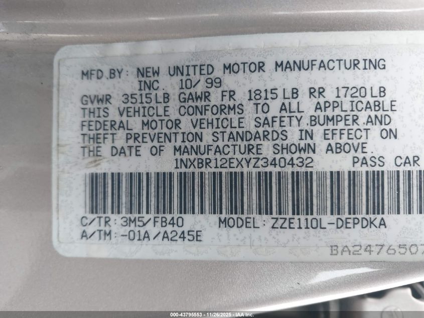 2000 Toyota Corolla Ce VIN: 1NXBR12EXYZ340432 Lot: 43795553