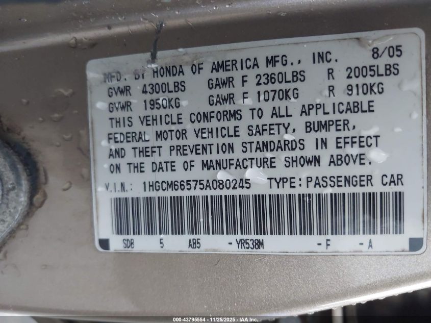 2005 Honda Accord 3.0 Ex VIN: 1HGCM66575A080245 Lot: 43795554