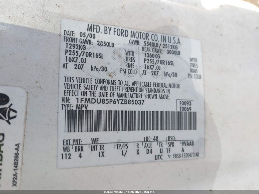 2000 Ford Explorer Limited VIN: 1FMDU85P6YZB85037 Lot: 43795560