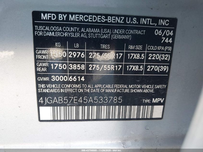 2005 Mercedes-Benz Ml 350 4Matic VIN: 4JGAB57E45A533785 Lot: 43795589