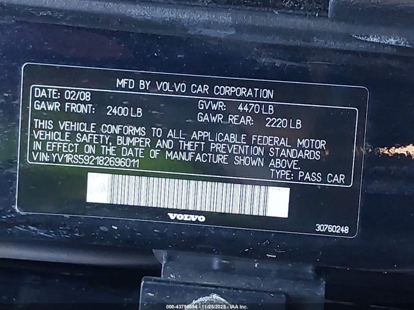 2008 Volvo S60 2.5T VIN: YV1RS592182696011 Lot: 43795594