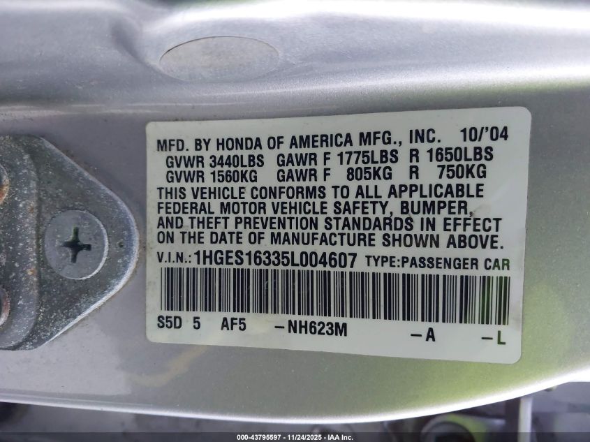 2005 Honda Civic Vp VIN: 1HGES16335L004607 Lot: 43795597