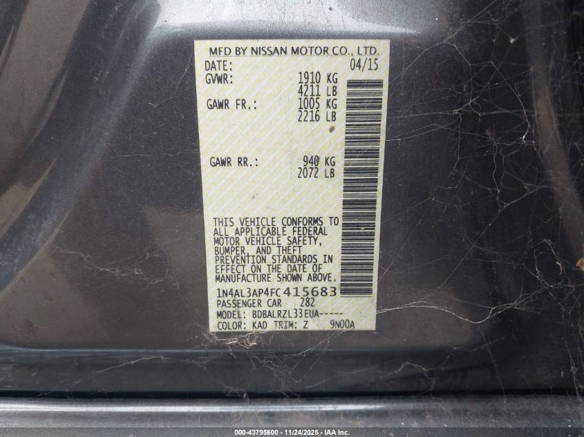 2015 Nissan Altima 2.5/2.5 S/2.5 Sl/2.5 Sv VIN: 1N4AL3AP4FC415683 Lot: 43795600