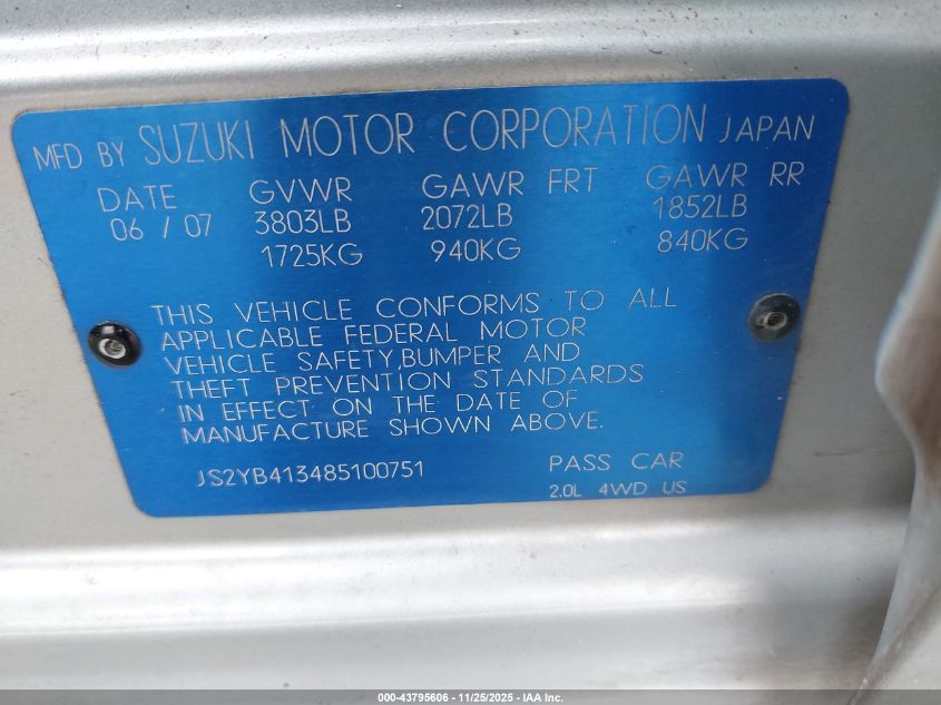 2008 Suzuki Sx4 Convenience/Touring VIN: JS2YB413485100751 Lot: 43795606