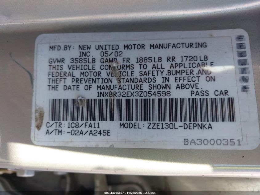 2003 Toyota Corolla Le VIN: 1NXBR32EX3Z054598 Lot: 43795607