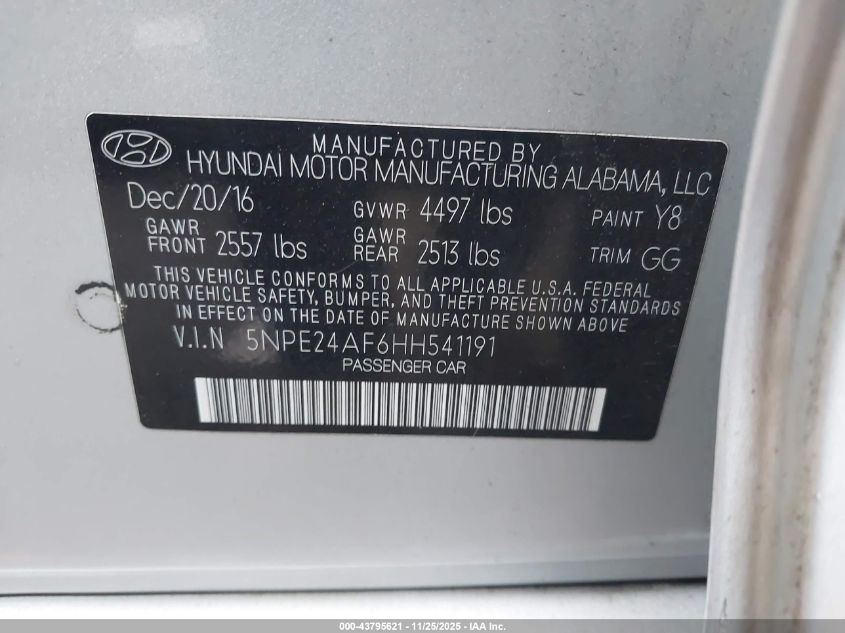 2017 Hyundai Sonata VIN: 5NPE24AF6HH541191 Lot: 43795621