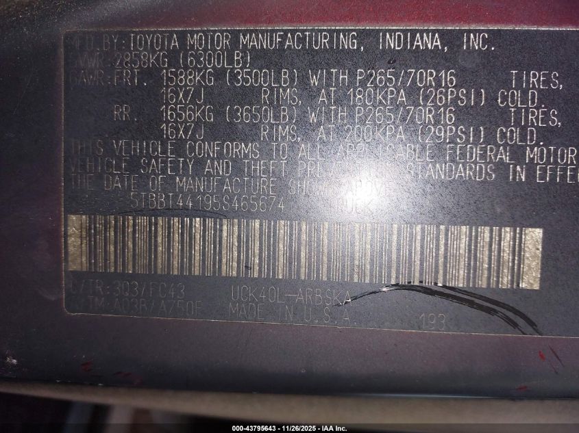 2005 Toyota Tundra Sr5 V8 VIN: 5TBBT44195S465674 Lot: 43795643