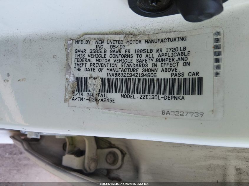 2004 Toyota Corolla Le VIN: 1NXBR32E94Z194806 Lot: 43795645