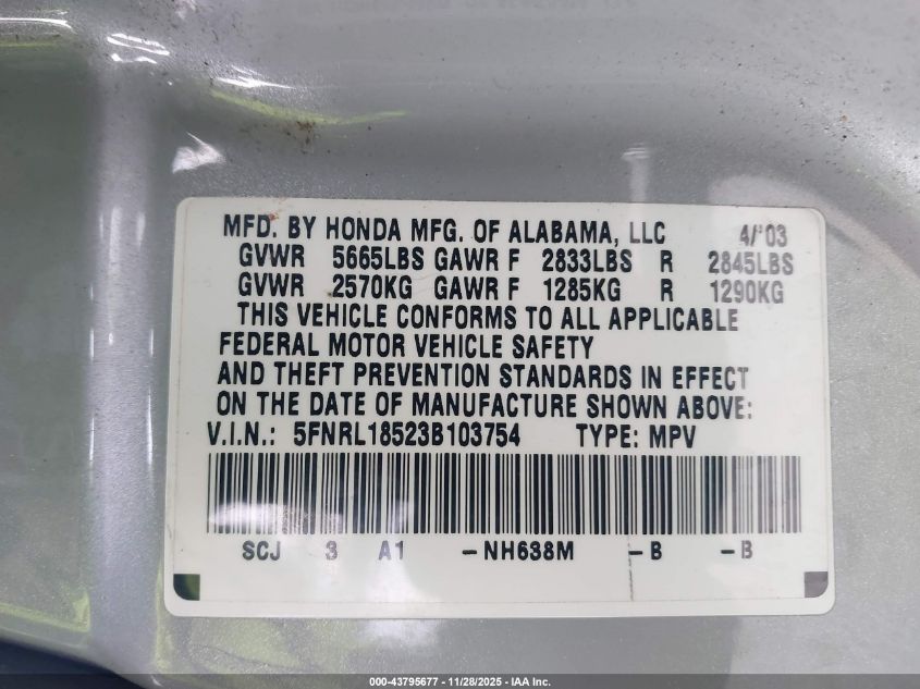 2003 Honda Odyssey Lx VIN: 5FNRL18523B103754 Lot: 43795677