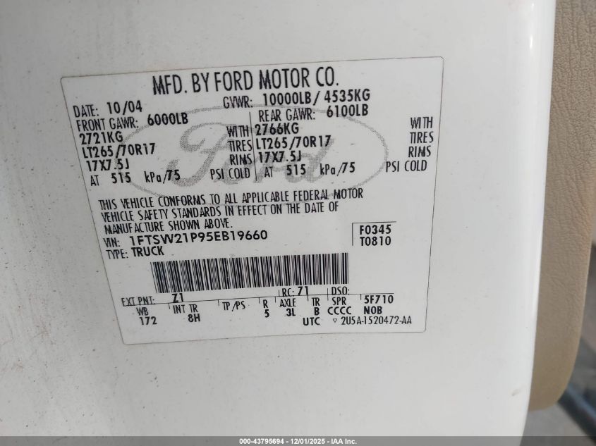 2005 Ford F-250 Lariat/Xl/Xlt VIN: 1FTSW21P95EB19660 Lot: 43795694